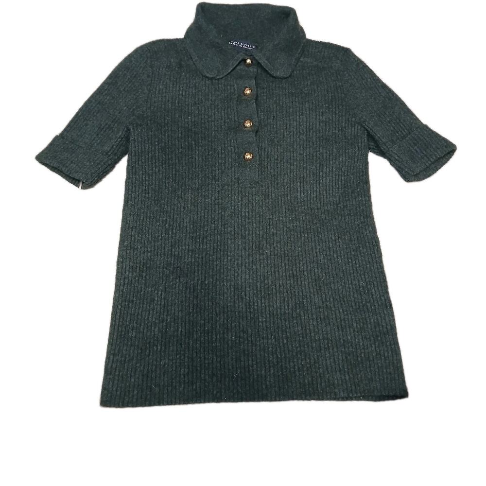 Banana Republic Extra Fine Merino Wool Gray Ribbed‎ Polo Collared Sweater Top M